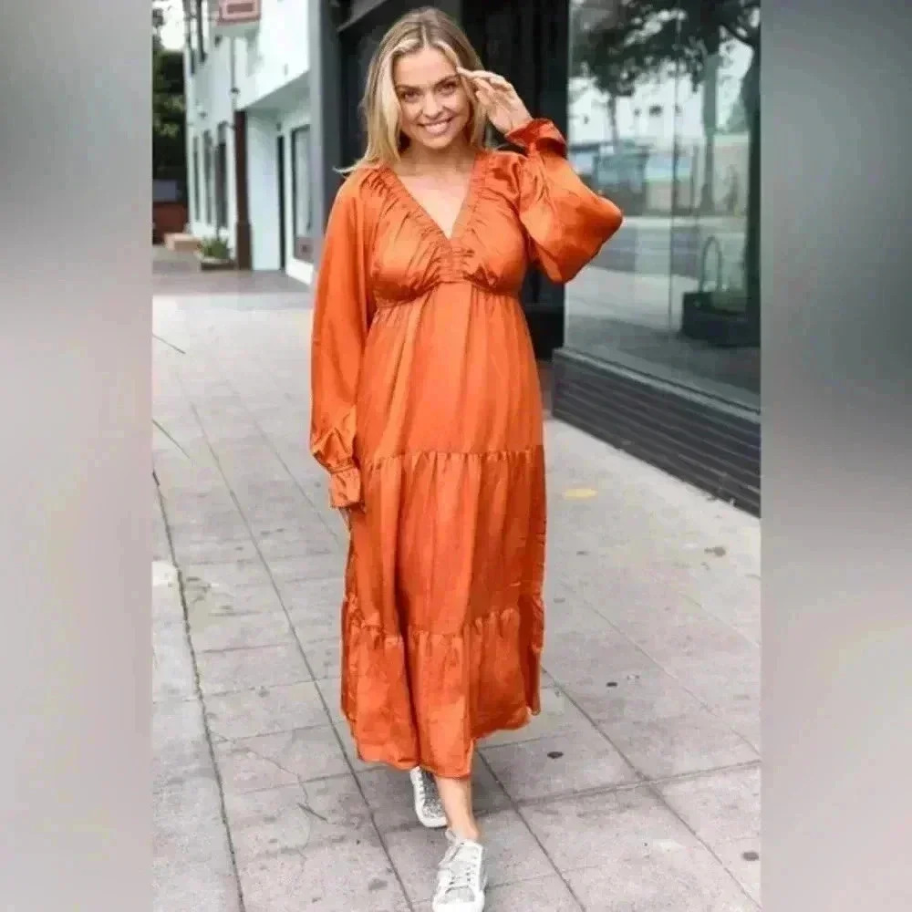 Elegant Rust Elastic V Neck Tiered Satin Maxi Dress